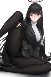 Rule 34 | 1girl, absurdres, black footwear, black jacket, black panties, black pantyhose, black skirt, black suit, blue archive, blunt bangs, blush, breasts, closed mouth, fingernails, foot out of frame, formal, hair ornament, hairclip, halo, hand on own leg, high heels, highres, jacket, knee up, kuutamo, large breasts, long hair, looking at viewer, panties, pantyhose, red eyes, rio (blue archive), see-through, shadow, simple background, sitting, skirt, solo, spread legs, suit, sweater, turtleneck, turtleneck sweater, underwear, v-shaped eyebrows, very long hair, white background
