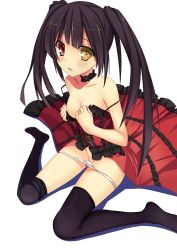Rule 34 | 10s, 1girl, bad id, bad pixiv id, bare shoulders, black hair, black thighhighs, breasts, choker, cleavage, covered erect nipples, cross-laced clothes, date a live, dress, feet, female focus, frills, gothic lolita, hairband, heterochromia, lolita fashion, long hair, looking at viewer, nahoyoshi, no shoes, panties, panty pull, red eyes, simple background, sitting, solo, tail, thighhighs, tokisaki kurumi, twintails, underwear, undressing, wariza, white background, yellow eyes