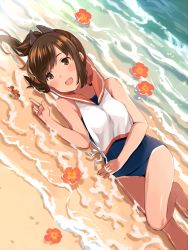 Rule 34 | 10s, 1girl, :d, barefoot, beach, blush, brown eyes, brown hair, crab, crop top, day, flower, hair ornament, hibiscus, i-401 (kancolle), index finger raised, kantai collection, lying, on side, one-piece swimsuit, open mouth, outdoors, pointing, ponytail, sand, school uniform, serafuku, sleeveless, smile, solo, swimsuit, swimsuit under clothes, tan, tan (tangent), tanline, water