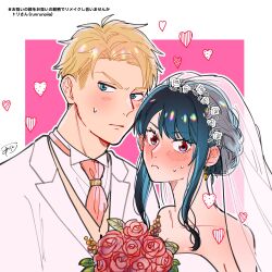 Rule 34 | 1boy, 1girl, awarinko, bare shoulders, black hair, blonde hair, blue eyes, blush, bouquet, breasts, bridal veil, bride, cleavage, closed mouth, collared shirt, dress, flower, groom, highres, holding, holding bouquet, husband and wife, jacket, jewelry, long hair, long sleeves, looking at viewer, medium breasts, red eyes, rose, shirt, short hair, sidelocks, simple background, spy x family, strapless, strapless dress, tuxedo, twilight (spy x family), veil, wedding, wedding dress, white dress, yor briar