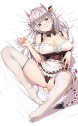 Rule 34 | 1girl, absurdres, animal ears, apron, bed sheet, black bow, black bowtie, black panties, blunt bangs, blush, bow, bowtie, breasts, closed mouth, corset, cow ears, cow horns, cow tail, detached sleeves, ear tag, flower, frills, german clothes, green eyes, grey hair, hair flower, hair ornament, highres, hololive, horns, large breasts, long hair, looking at viewer, lying, maid apron, on back, panties, shinomu (cinomoon), shirogane noel, shirogane noel (dirndl), solo, spread legs, tail, thighhighs, thighs, underwear, virtual youtuber, white flower, white thighhighs