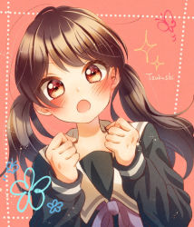 Rule 34 | 1girl, :o, bang dream!, black hair, black serafuku, blue neckerchief, brown hair, character name, clenched hands, commentary request, dutch angle, futaba tsukushi, ganbaru pose, hands up, long hair, long sleeves, looking at viewer, neckerchief, red background, ruppi ko, school uniform, serafuku, solo, sparkle, twintails, upper body, v-shaped eyebrows