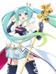 Rule 34 | 1girl, :d, black thighhighs, blue eyes, blue nails, blush, commentary, cowboy shot, crop top, detached sleeves, english commentary, fingernails, fur-trimmed sleeves, fur collar, fur trim, garter straps, gradient hair, green hair, hair between eyes, hair ornament, hands up, hatsune miku, highres, holding, ikazu401, long hair, long sleeves, multicolored hair, nail polish, open mouth, pleated skirt, racing miku, racing miku (2018), sidelocks, simple background, skirt, sleeves past wrists, smile, solo, thighhighs, twintails, very long hair, vocaloid, white background, white skirt