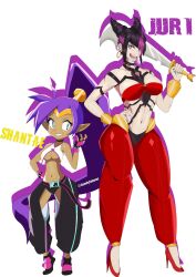 Rule 34 | absurdres, artist request, belt, black hair, blue eyes, bracelet, breasts, character name, cosplay, costume switch, crossover, dark-skinned female, dark skin, earrings, fingerless gloves, fingernails, full body, gloves, gold, han juri, hand on own hip, heels, heterochromia, highres, jewelry, large breasts, medium breasts, navel, one eye covered, open mouth, pants, ponytail, purple hair, shantae, shantae (series), sharp fingernails, size difference, smile, source request, spiked bracelet, spikes, street fighter, street fighter 6, sword, underboob, weapon, white background
