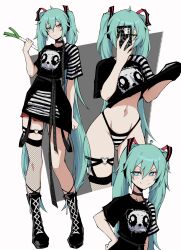 1girl :/ absurdres alternate_costume aqua_eyes aqua_hair black_panties black_shirt black_shoes black_skirt boots cellphone clothes_lift commentary english_commentary food hatsune_miku heart_o-ring highleg highleg_panties highres holding holding_food holding_phone kekel long_hair looking_at_viewer multiple_views navel o-ring o-ring_thigh_strap panties phone selfie shirt shirt_lift simple_background skirt smartphone smile spring_onion standing striped_clothes striped_panties thigh_strap thighs twintails underwear very_long_hair vocaloid white_panties