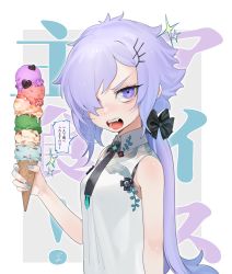 Rule 34 | 1girl, absurdres, bad id, bad pixiv id, bare arms, bare shoulders, black bow, black necktie, blue nails, bow, breasts, fangs, food, from side, hair bow, hair ornament, hair over one eye, hairclip, heart, highres, holding, holding food, ice cream, ice cream cone, light purple hair, long hair, looking at viewer, looking to the side, low ponytail, nail art, nail polish, necktie, ohisashiburi, open mouth, original, print shirt, purple eyes, shirt, shouting, sidelocks, signature, sleeveless, sleeveless shirt, small breasts, solo, sparkle, speech bubble, standing, talking, too many, too many scoops, translation request, upper body, v-shaped eyebrows, waffle cone, white background, white shirt, wing collar