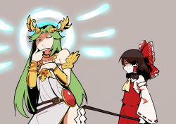 Rule 34 | 2girls, ascot, bare shoulders, belt, black eyes, bow, bracer, brown belt, brown hair, closed mouth, commentary, contrapposto, crossover, detached sleeves, doodlerush, dress, english commentary, gohei, green eyes, green hair, grey background, hair bow, hair tubes, hakurei reimu, half-closed eye, halo, height difference, holding, jitome, kid icarus, laurel crown, long hair, long sleeves, medium hair, multiple girls, nintendo, palutena, red bow, red skirt, red vest, simple background, skirt, standing, strapless, strapless dress, super smash bros., thinking, touhou, vest, white dress, yellow ascot