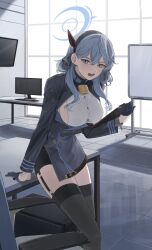 Rule 34 | 1girl, absurdres, ako (blue archive), angry, bell, black footwear, black thighhighs, blue archive, blue coat, blue eyes, blue gloves, blue hair, blue halo, bow, bow hairband, breast cutout, breasts, cjsdh1000, coat, commentary request, desk, double-parted bangs, feet out of frame, garter straps, gloves, grey hairband, hair behind ear, hair between eyes, hairband, halo, highres, holding, indoors, large breasts, leaning on object, long sleeves, looking at viewer, medium hair, monitor, neck bell, on desk, open mouth, red bow, shirt, sideboob cutout, sitting, on desk, solo, thighhighs, thighs, tile floor, tiles, v-shaped eyebrows, white shirt, whiteboard, wrist chain