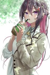 Rule 34 | 1girl, absurdres, asymmetrical sleeves, azki (4th costume) (hololive), azki (hololive), black hair, blush, braid, breasts, brown coat, c1p122, coat, colored inner hair, commentary, commission, cup, dappled sunlight, drink, drinking straw, fang, french braid, hair between eyes, hair ornament, hairclip, highres, holding, holding cup, hololive, long hair, long sleeves, looking at viewer, medium breasts, mole, mole under eye, multicolored coat, multicolored hair, nail polish, official alternate costume, open mouth, pink hair, pink nails, pixiv commission, purple eyes, simple background, solo, standing, streaked hair, sunlight, two-tone coat, virtual youtuber, white background, white coat, white hair, wing collar