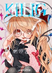 Rule 34 | 1girl, alternate costume, alternate headwear, bad id, bad twitter id, bespectacled, black jacket, black legwear, blonde hair, bow, clothes writing, commentary request, contemporary, fedora, flandre scarlet, glasses, gotou (nekocat), grey background, hair ribbon, hat, hat bow, highres, hood, hooded jacket, jacket, long sleeves, looking at viewer, pointy ears, red-framed eyewear, red bow, red eyes, red ribbon, ribbon, side ponytail, simple background, smiley face, solo, star (symbol), tongue, tongue out, touhou, watch, white background, wings