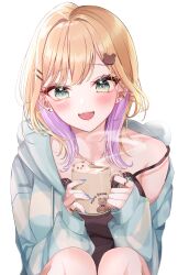 Rule 34 | 1girl, animal hood, bear hair ornament, black camisole, blonde hair, blue nails, blush, breasts, camisole, collarbone, commentary request, cup, earrings, fangs, green eyes, hair ornament, hairclip, highres, holding, holding cup, hood, hooded jacket, jacket, jewelry, knees, kurumi noah, lace-trimmed camisole, lace trim, looking at viewer, medium breasts, medium hair, mug, multicolored hair, multiple rings, necklace, off shoulder, open clothes, open jacket, open mouth, pink hair, ring, shain, simple background, solo, steam, strap slip, striped clothes, striped jacket, teddy bear ornament, two-tone hair, upper body, virtual youtuber, vspo!, white background