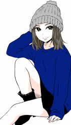 Rule 34 | 1girl, arm behind head, bad id, bad twitter id, beanie, blue sweater, boots, breasts, brown hair, commentary request, dot nose, feet out of frame, fingernails, flat color, full body, green eyes, hat, highres, looking at viewer, miniskirt, nail polish, nikaidou kou, original, pink nails, short hair, simple background, sitting, skirt, small breasts, smile, solo, sweater, white background