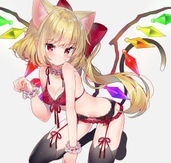 Rule 34 | 1girl, :3, animal ear fluff, animal ears, bare shoulders, black thighhighs, blonde hair, blush, bow, bra, breasts, cat ears, cat tail, cleavage, closed mouth, crystal, flandre scarlet, frilled cuffs, front-tie bra, garter belt, grey background, hair bow, highres, kawachi rin, kemonomimi mode, kneeling, lace, lace-trimmed bra, lace trim, leaning forward, long hair, neck garter, paw pose, red bra, red eyes, red ribbon, red thighhighs, ribbon, short hair, short hair with long locks, side ponytail, simple background, small breasts, smile, solo, tail, thighhighs, touhou, underwear, underwear only, wings, wrist cuffs