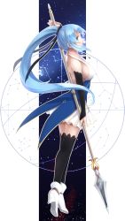 Rule 34 | 1girl, arm up, black ribbon, black thighhighs, blue hair, boots, breasts, bridal gauntlets, brown eyes, closed mouth, constellation, from side, full body, hair ribbon, high heels, highres, holding, medium breasts, nekomi, original, polearm, ponytail, profile, ribbon, sideboob, skirt, solo, spear, thighhighs, weapon, white background, white footwear, white skirt