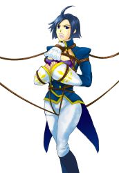 Rule 34 | 1girl, ahoge, bdsm, blue eyes, blue hair, bondage, boots, bound, breast bondage, cleavage cutout, clothing cutout, coattails, crotch rope, ebikani, elisabeth blanctorche, knee boots, matching hair/eyes, pants, rope, shibari, short hair, solo, standing, tailcoat, tears, the king of fighters