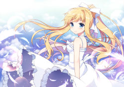 00s 1girl air_(visual_novel) bare_shoulders blonde_hair blue_eyes blush bow choker dress feathers female_focus frills hair_bow hair_ornament hair_ribbon kamio_misuzu key_(company) light_particles long_hair looking_at_viewer mauve ponytail ribbon ribbon_choker smile solo sundress tears very_long_hair white_dress wind