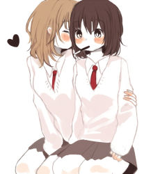 Rule 34 | 2girls, blush, brown eyes, brown hair, cardigan, collared shirt, commentary request, food, food in mouth, foomi, grey skirt, hair between eyes, heart, light brown hair, long hair, long sleeves, mouth hold, multiple girls, necktie, original, partially colored, pleated skirt, pocky, pocky day, red neckwear, shirt, sitting, skirt, sleeves past wrists, yuri