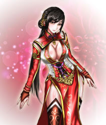 Rule 34 | 1girl, artist request, black hair, blush, breasts, chinese clothes, cleavage, fingerless gloves, gloves, hair ornament, jewelry, large breasts, leggings, lian shi, lipstick, long hair, makeup, necklace, shin sangoku musou, shin sangoku musou 7, side slit, solo, wide hips, yellow eyes