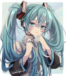 Rule 34 | 1girl, bare shoulders, black skirt, blue eyes, blue hair, blue nails, blue necktie, blue sky, blush, border, breasts, collared shirt, detached sleeves, dot nose, frilled shirt, frills, grey shirt, hair between eyes, hair ornament, hand on own chin, hands up, hatsune miku, headset, highres, holding, holding own hair, long hair, long sleeves, looking at viewer, microphone, naguno-0713, nail polish, necktie, open mouth, outside border, polka dot, shirt, sidelocks, signature, skirt, sky, sleeveless, sleeveless shirt, small breasts, solo, teeth, tie clip, twintails, upper body, very long hair, vocaloid, white border