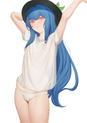 Rule 34 | 1girl, arm up, black hat, blue hair, cleft of venus, food, fruit, hat, highres, hinanawi tenshi, leaning to the side, light smile, long hair, ni (221), panties, peach, shirt, short sleeves, simple background, solo, touhou, underwear, white background, white panties