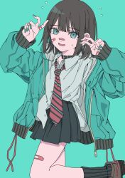 Rule 34 | 1girl, bandaid, bandaid on cheek, bandaid on face, bandaid on hand, bandaid on leg, bandaid on nose, bandaid on thigh, belt collar, black hair, blue background, collar, collarbone, collared shirt, earrings, fingernails, green eyes, green jacket, green nails, haku geroda, hood, hoodie, hoop earrings, jacket, jewelry, legs, loafers, long eyebrows, looking at viewer, nail polish, necktie, nervous, nervous sweating, open clothes, open jacket, open mouth, original, pink bandaid, pleated skirt, red necktie, school uniform, shirt, shoes, short hair, simple background, skirt, socks, solo, standing, striped necktie, sweat, swept bangs, tongue, unzipped, v, white shirt