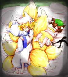 Rule 34 | 2girls, aka2038, animal ears, bad id, bad pixiv id, biting, biting another&#039;s tail, blonde hair, bloomers, brown hair, cat ears, cat tail, chen, closed eyes, cuddling, dress, fang, fox tail, hat, highres, hug, hugging another&#039;s tail, hugging object, hugging tail, mob cap, multiple girls, multiple tails, pillow, pillow hug, short hair, sleeping, tail, tail biting, touhou, underwear, yakumo ran