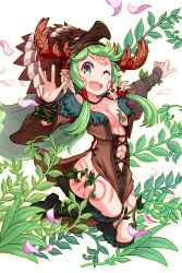 Rule 34 | 1girl, :d, antlers, black footwear, black legwear, boots, breasts, cleavage, fang, feather hair ornament, feathers, foxfoot, green hair, hair ornament, hair tubes, headdress, highres, horns, jewelry, medium breasts, necklace, no bra, no panties, official art, one eye closed, open mouth, petals, plant, pointy ears, shanti (soccer spirits), smile, soccer spirits, solo, tattoo, tooth necklace, transparent background, twintails