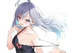 Rule 34 | 1girl, blue eyes, blurry, blurry background, blush, breasts, cleavage, commentary request, grey hair, hand on own face, long hair, looking away, mizuiro raika, original, shadow, simple background, small breasts, smile, solo, strap pull, teasing, tongue, tongue out, upper body, white background, white hair