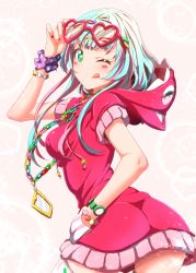 Rule 34 | 1girl, :p, :q, ;q, aqua eyes, blush, bracelet, clearite, dress, fingernails, glasses, hair ornament, hairclip, highres, hood, hoodie, jewelry, long hair, looking at viewer, nanasaki nicole, necklace, one eye closed, short hair with long locks, smile, solo, star-shaped pupils, star (symbol), symbol-shaped pupils, thighhighs, tokyo 7th sisters, tongue, tongue out