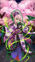Rule 34 | 10s, 1girl, :d, black footwear, black gloves, boots, cherry blossoms, flower, gloves, hair flower, hair ornament, head tilt, high heel boots, high heels, highres, holding, japanese clothes, kimono, krul tepes, leg up, long hair, looking at viewer, night, obi, open mouth, outdoors, owari no seraph, pink hair, pointy ears, purple flower, red eyes, sash, smile, solo, standing, tree, yukata