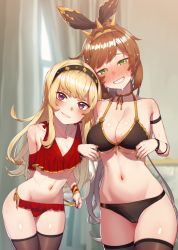 Rule 34 | 2girls, bare shoulders, bikini, blonde hair, blush, breasts, cagliostro (granblue fantasy), clarisse (granblue fantasy), cleavage, collarbone, granblue fantasy, green eyes, hairband, highres, kourui, large breasts, long hair, looking at viewer, multiple girls, nail polish, navel, orange hair, ponytail, purple eyes, small breasts, smile, sweat, swimsuit, thighs