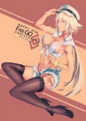 Rule 34 | 1girl, animal ears, ark ford, blue eyes, bracelet, breasts, brown background, caenis (fate), cleavage, commentary, crop top, dark-skinned female, dark skin, dutch angle, english commentary, fate/grand order, fate (series), hair intakes, high heels, highleg, highleg panties, highres, jewelry, large breasts, long hair, navel, neck ribbon, nipples, panties, ribbon, smile, solo, tan background, tattoo, thighhighs, two-tone background, underwear, visor cap, white hair