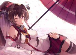 Rule 34 | 10s, 1girl, asymmetrical legwear, bare shoulders, breasts, brown hair, cherry blossoms, collar, detached sleeves, eyebrows, hair intakes, hand on thigh, headgear, kantai collection, long hair, looking at viewer, lying, medium breasts, on side, one eye closed, parasol, partially submerged, petals, pleated skirt, ponytail, purple eyes, red skirt, shugao, skirt, sleeves past wrists, smile, solo, thighhighs, tongue, tongue out, umbrella, uneven legwear, very long hair, water, white background, yamato (kancolle)