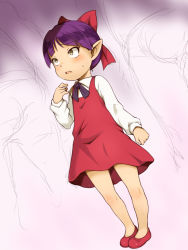 Rule 34 | 1girl, aged down, blush, bow, dress, e10, full body, gegege no kitarou, hair bow, looking at viewer, multiple boys, nekomusume, open mouth, pointy ears, purple hair, red bow, red dress, short hair, simple background, yellow eyes