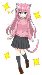 Rule 34 | animal ear fluff, animal ears, blue eyes, blush, bocchi the rock!, cat ears, cat girl, cat tail, commentary request, full body, gotoh hitori, highres, jacket, kotatsu-mazoku, loafers, long hair, long sleeves, one side up, open mouth, pink hair, pleated skirt, shoes, skirt, smile, socks, tail, track jacket, very long hair