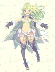 Rule 34 | aisutabetao, breasts, child, cleavage, fire emblem, fire emblem awakening, gloves, green hair, highres, looking at viewer, nintendo, nowi (fire emblem), outstretched arms, pointy ears, purple eyes, simple background, smile, solo