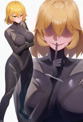 Rule 34 | 1girl, absurdres, black bodysuit, blonde hair, bodysuit, breasts, commission, covered navel, crossed arms, faceless, faceless female, finger to mouth, green eyes, grey background, hair between eyes, high heels, highres, impossible clothes, index finger raised, large breasts, multiple views, original, pixiv commission, rororo, short hair, simple background, smile, solo, standing