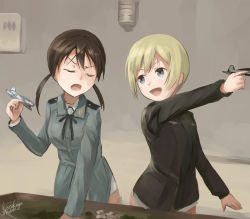 2girls :d aircraft airplane blonde_hair brown_hair closed_eyes erica_hartmann gertrud_barkhorn kanokoga long_sleeves military military_uniform multiple_girls open_mouth parody ribbon short_hair smile strike_witches toy twintails world_witches_series