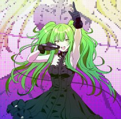 Rule 34 | 1girl, asawa (dm owr), bare shoulders, black dress, black gloves, breasts, commentary request, dress, girls&#039; frontline, gloves, green hair, highres, holding, holding microphone, long hair, looking at viewer, m950a (concert diva!) (girls&#039; frontline), m950a (girls&#039; frontline), microphone, music, official alternate costume, open mouth, pointing, pointing up, singing, smile, solo, strapless, strapless dress, twintails, yellow eyes