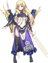 Rule 34 | 1girl, artist request, bare shoulders, blonde hair, blue eyes, detached sleeves, dual wielding, full body, hair ornament, holding, holding sword, holding weapon, long hair, odani (oshiro project), official art, oshiro project:re, oshiro project:re, sheath, sheathed, smile, solo, standing, sword, thighhighs, transparent background, weapon