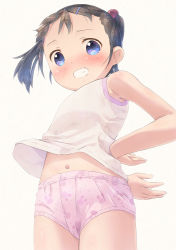 Rule 34 | 1girl, animal print, arm behind back, bare arms, bare shoulders, black hair, blue eyes, blush, brown background, child, commentary request, embarrassed, forehead, grin, hair bobbles, hair ornament, hairclip, hand on own hip, looking at viewer, navel, no pants, original, panties, pink panties, print panties, pu-en, rabbit panties, rabbit print, shirt, simple background, sleeveless, sleeveless shirt, smile, solo, twintails, underwear, white shirt