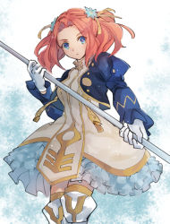 Rule 34 | 1girl, blue eyes, closed mouth, cropped jacket, dress, eleanor hume, frills, gloves, hair ornament, hamagurihime, holding, holding staff, looking at viewer, orange hair, serious, short hair, solo, staff, tales of (series), tales of berseria, thighhighs, twintails, white dress, white gloves, white thighhighs, zettai ryouiki
