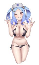 Rule 34 | 1girl, absurdres, bikini, bikini bottom pull, black bikini, blue hair, blue nails, blush, breasts, cleavage, cropped legs, cube hair ornament, gluteal fold, grey hat, grin, groin, hair ornament, hands up, hat, highres, large breasts, nail polish, navel, nurse cap, one eye closed, original, paravene, red hair, revision, rod of asclepius, side-tie bikini bottom, sidelocks, simple background, smile, solo, swimsuit, thigh gap, twintails, white background