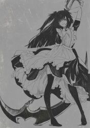 1girl apron black_thighhighs facing_viewer long_hair looking_at_viewer maid maid_apron monochrome original scythe solo standing thighhighs very_long_hair washiya0 weapon