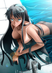 Rule 34 | 1girl, ass, bent over, bikini, bikini tan, black bikini, black hair, blue eyes, blush, breasts, can, caustics, censored, convenient censoring, downblouse, drink, embarrassed, from above, hair censor, lens flare, long hair, looking at viewer, original, pool, poolside, shadow, solo, storyryo, strap slip, swimsuit, tan, tanline, very long hair, wavy mouth, wet, wet hair