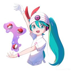 Rule 34 | 1girl, :d, aizawa manaka, arm up, beanie, bracelet, collared shirt, commentary, creatures (company), eyelashes, game freak, gloves, green eyes, green hair, happy, hat, hatsune miku, highres, jewelry, long hair, nintendo, open mouth, poke ball, poke ball (basic), pokemon, project voltage, psychic miku (project voltage), shirt, short sleeves, single glove, smile, solo, telekinesis, tongue, twintails, vocaloid, white background, white gloves, white hat, white shirt