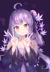 Rule 34 | 1girl, ahoge, antenna hair, bare shoulders, blush, bow, braid, breasts, detached sleeves, double v, dress, hair bow, hair bun, hair ribbon, highres, leaf print, long hair, maple leaf print, mishuo (misuo69421), musical note, original, purple bow, purple dress, purple hair, purple ribbon, red eyes, ribbon, sidelocks, simple background, single hair bun, small breasts, smile, solo, star (symbol), upper body, v, wide sleeves