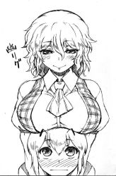 Rule 34 | 2girls, antennae, ascot, blush, breast rest, breasts, breasts on head, dr.p, female focus, greyscale, kazami yuuka, large breasts, looking at viewer, monochrome, multiple girls, nose blush, plaid, plaid vest, short hair, simple background, smile, touhou, upper body, vest, white background, wriggle nightbug, yuri