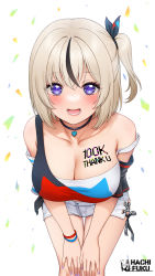 Rule 34 | 1girl, bare shoulders, black choker, black hair, black ribbon, body writing, breasts, choker, collarbone, copyright request, fukuro daizi, hair ribbon, hands on own knees, heart, heart choker, highres, large breasts, looking at viewer, multicolored hair, nail polish, off shoulder, open mouth, purple eyes, purple nails, ribbon, short hair, short shorts, shorts, side ponytail, simple background, smile, solo, streaked hair, teeth, thank you, thighs, white background, white shorts