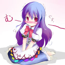 Rule 34 | 1girl, :&lt;, barefoot, between thighs, blue hair, blush, bow, bowtie, feet, female focus, full body, gradient background, gradient hair, hinanawi tenshi, kneeling, long hair, multicolored hair, pee, peeing, peeing self, red eyes, shichinose, sitting, solo, tears, thighs, touhou, trembling, v arms, wariza, white background